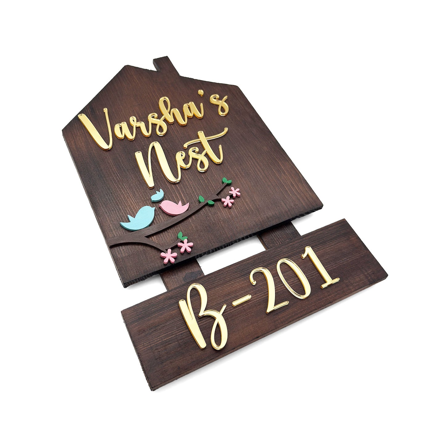 Birds Themed Hut-Shaped Hand-Painted Wooden Name Plate For Home - Wooden Finish