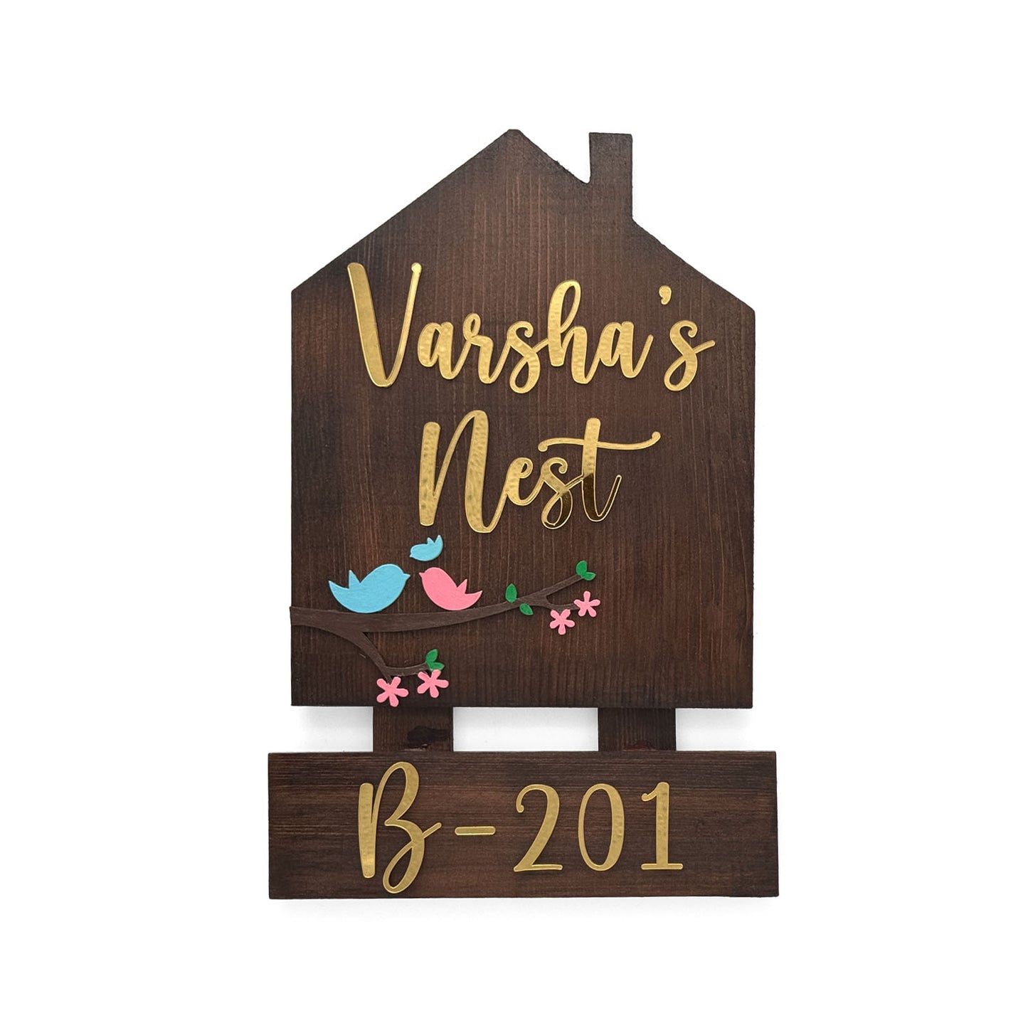 Birds Themed Hut-Shaped Hand-Painted Wooden Name Plate For Home - Wooden Finish
