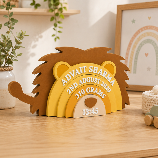 Lion Themed Hand-Painted Wooden Personalised Baby Birth Details Name Plate