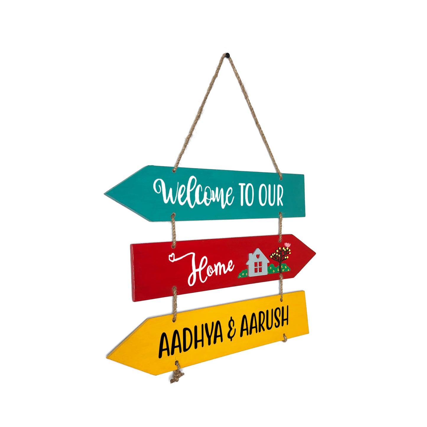 Welcome To Our Home Hand-Painted Wooden Three Arrow Plank Name Plate For Home - Multicolor