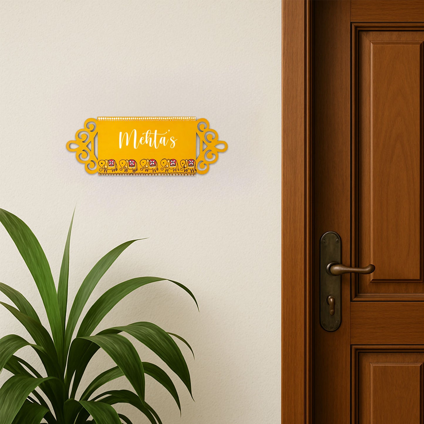 Elephant Artwork Hand-Painted Wooden Madhubani Name Plate For Home