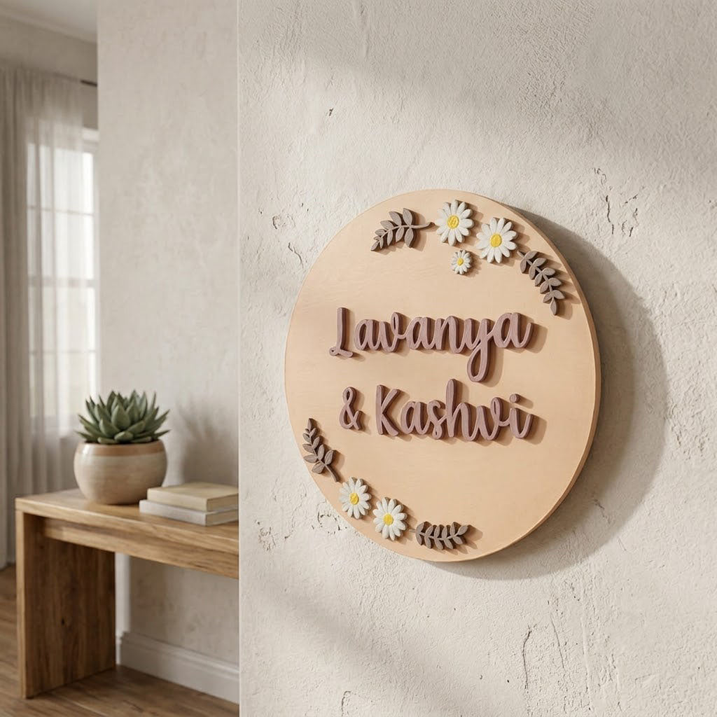 Flowers Themed Hand-Painted Wooden Round Kids Name Plate - Design 1