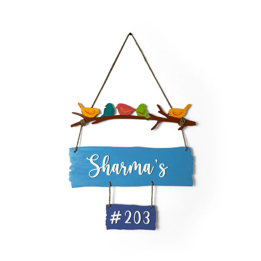 Birds Themed Hand-Painted Wooden Name Plate For Home - One Name Plank And One House Number Plank