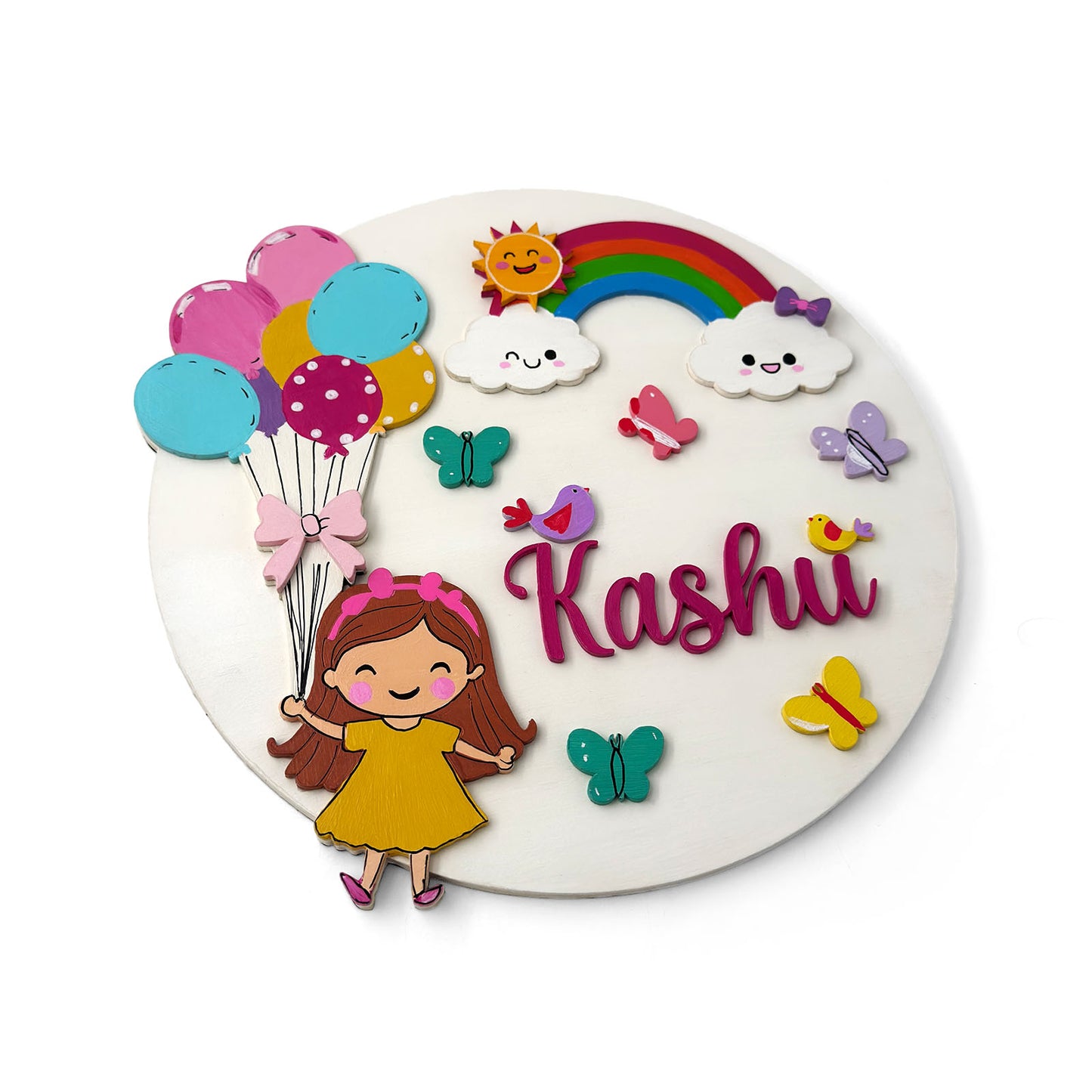 Girl With Balloons Themed Hand-Painted Wooden Round Kids Name Plate