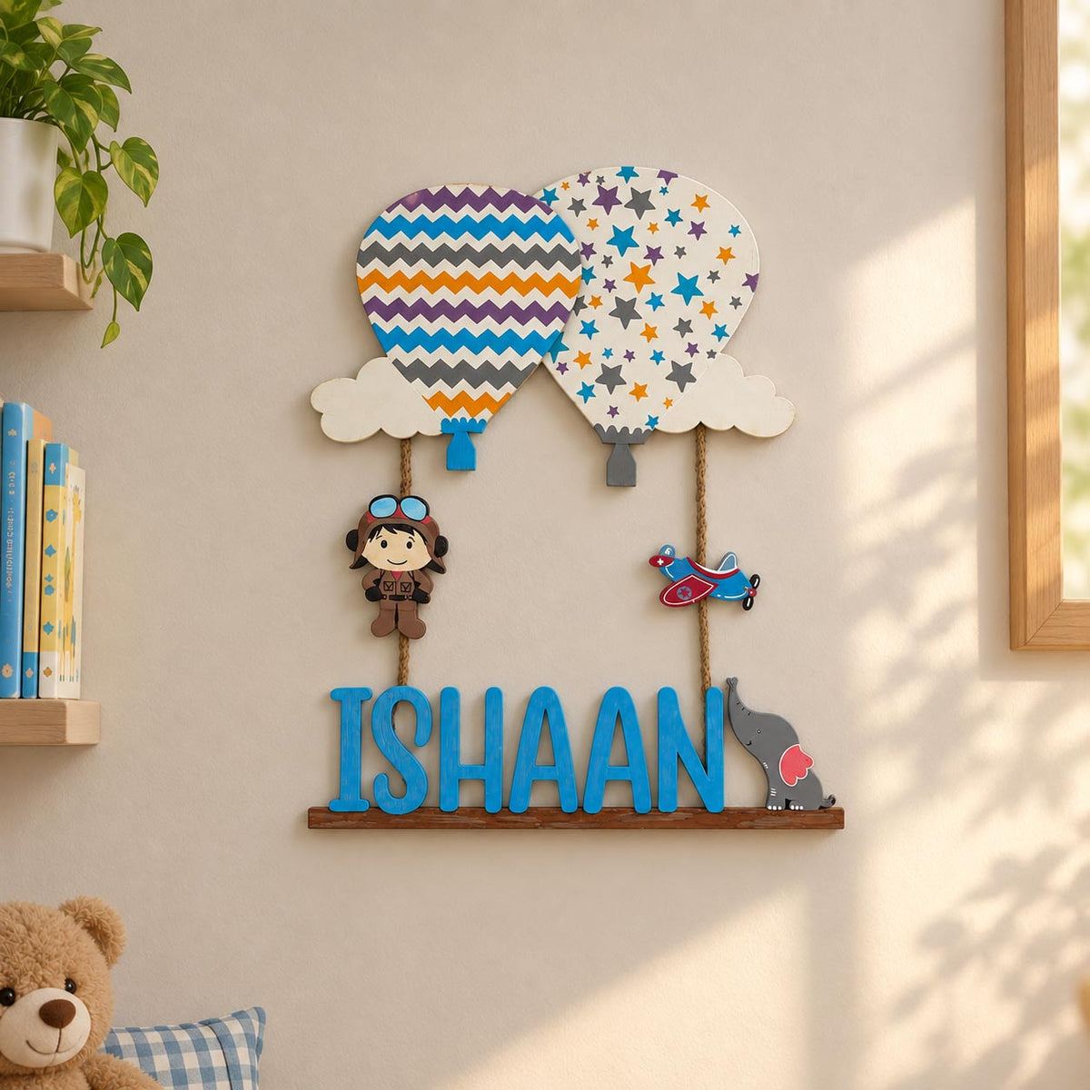 Hot Air Balloon Themed Hand-Painted Wooden Kids Name Plate - Design 3