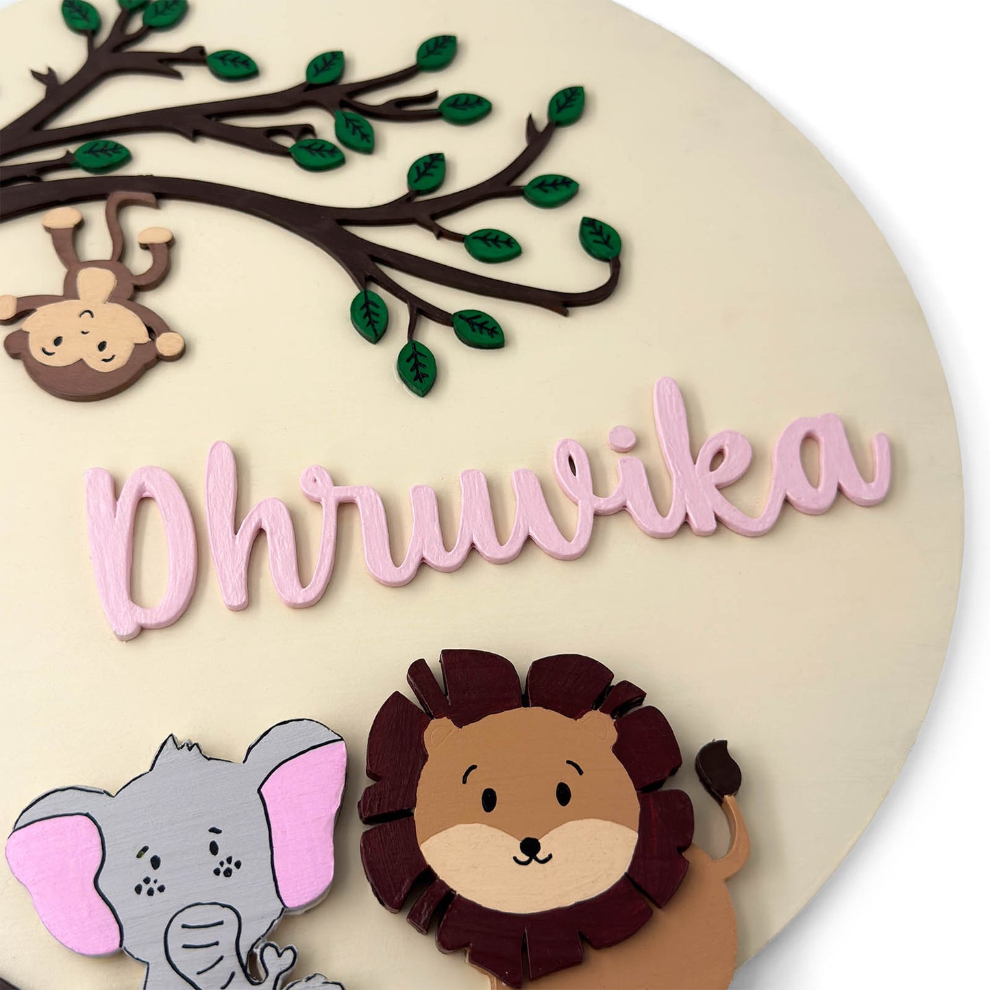 Animal Themed Hand-Painted Wooden Round Kids Name Plate - Design 8