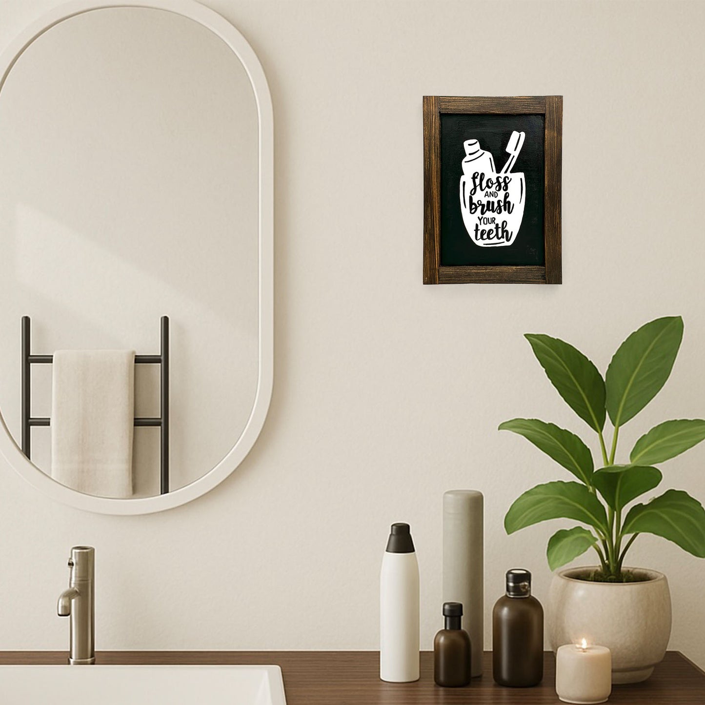 Floss And Brush Your Teeth Hand-Painted Wooden Washroom Frame