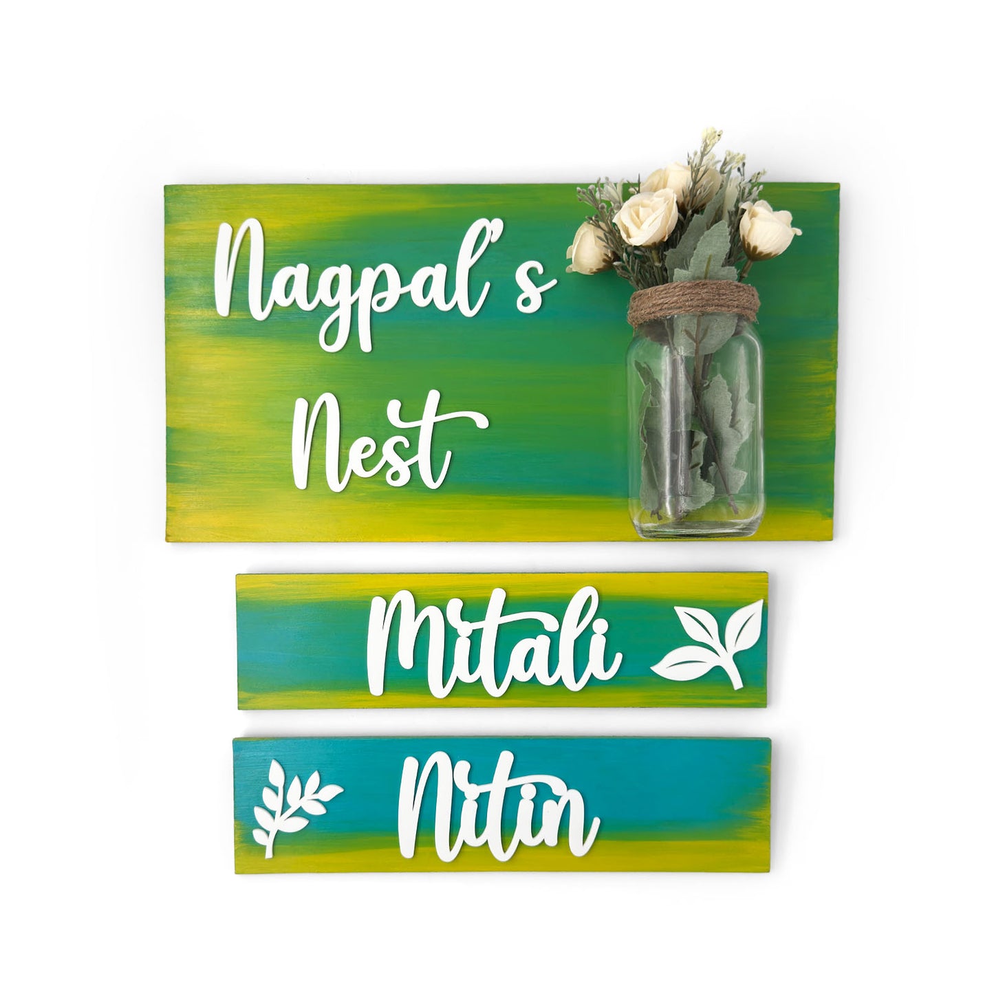 Hand-Painted Wooden Name Plate With Jar For Home - Jar Board & Two Planks