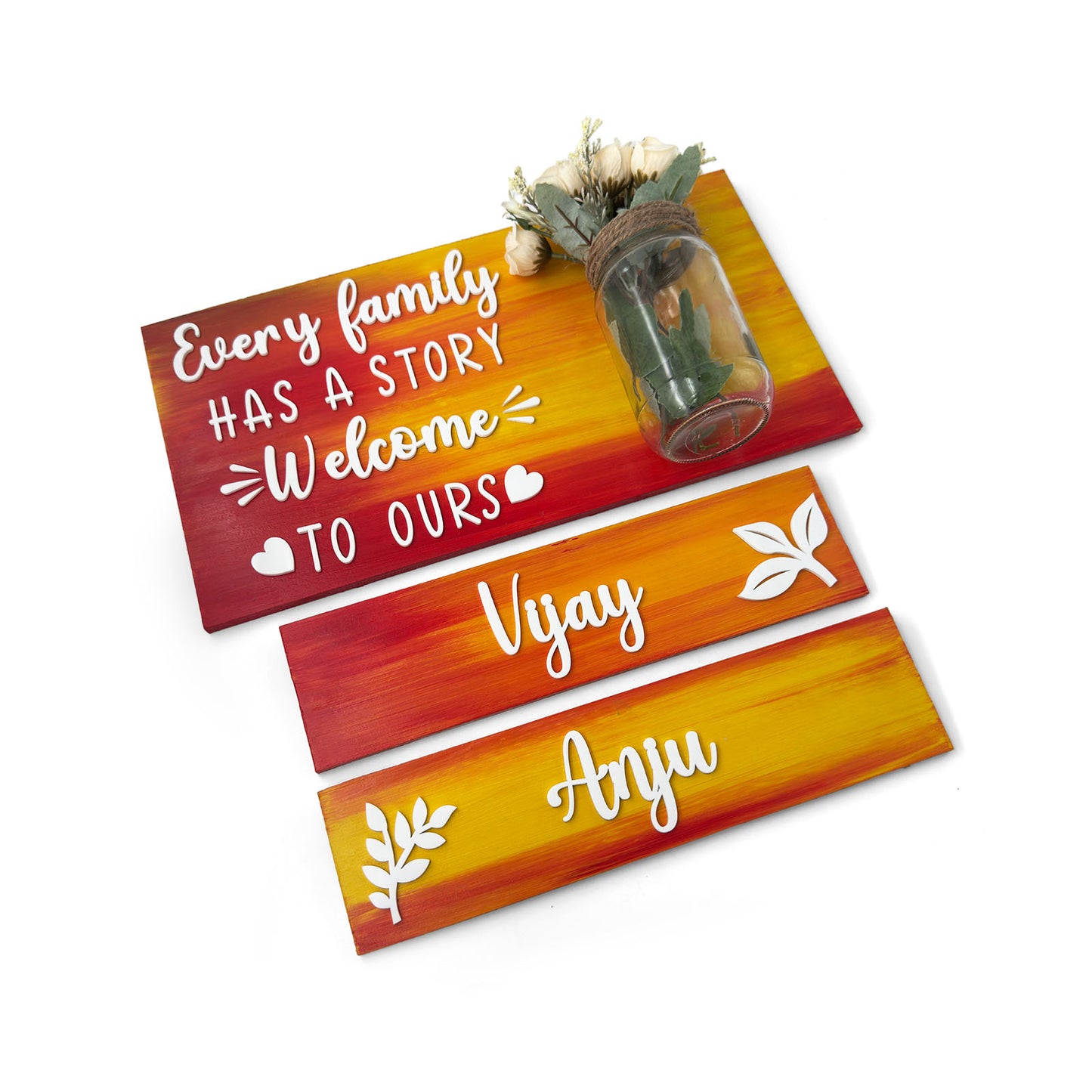 Every Family Has A Story Welcome To Ours Hand-Painted Wooden Name Plate With Jar For Home - Jar Board & Two Planks