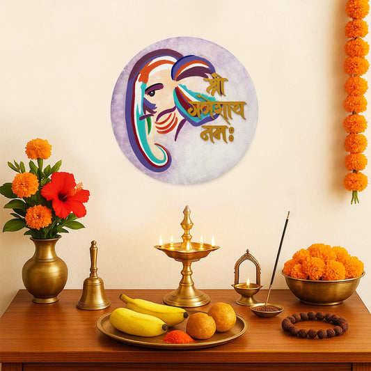 Shree Ganeshaya Namah Hand-Painted Wooden Round Wall Hanging - Pastel