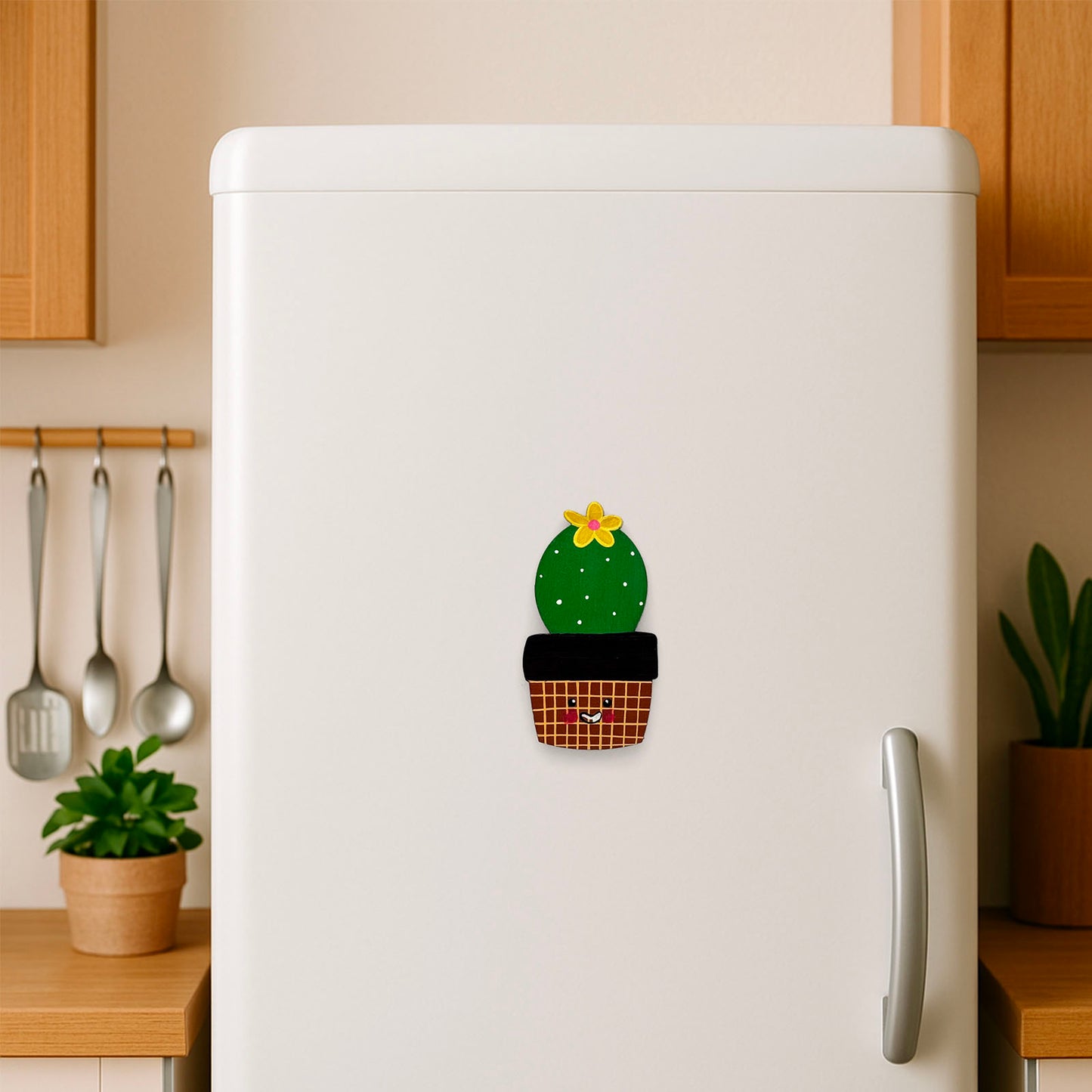 Hand-Painted Wooden Cactus Fridge Magnet - Design 4