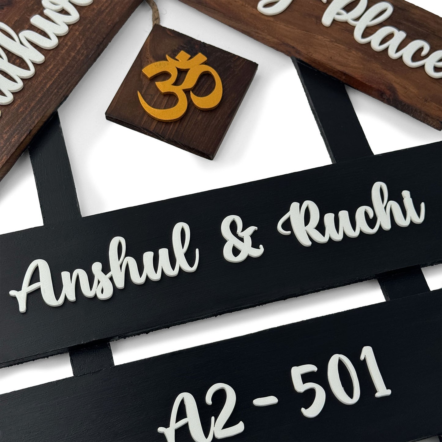 House With Roof And Double Plank Hand-Painted Wooden Hut-Shaped Name Plate For Home - Black & Wooden Finish