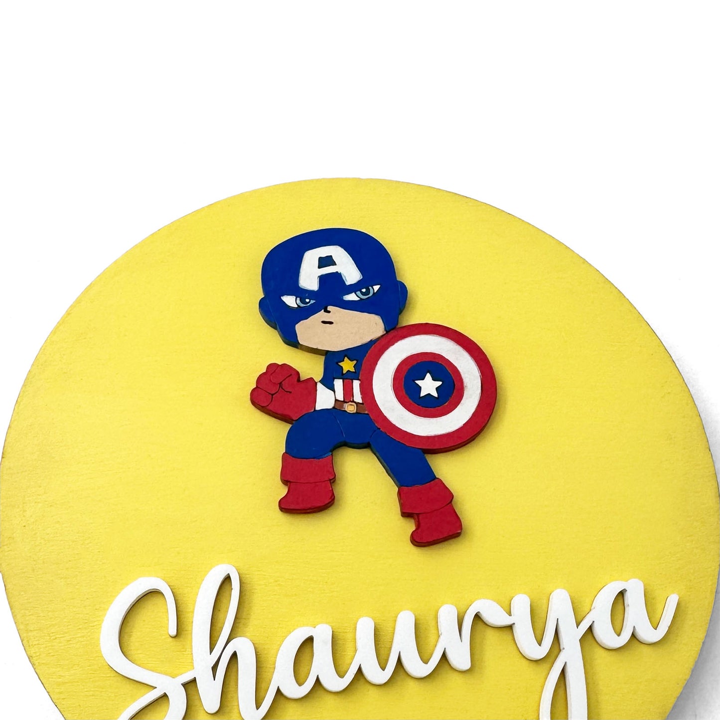 Captain America Themed Hand-Painted Wooden Name Plate For Kids