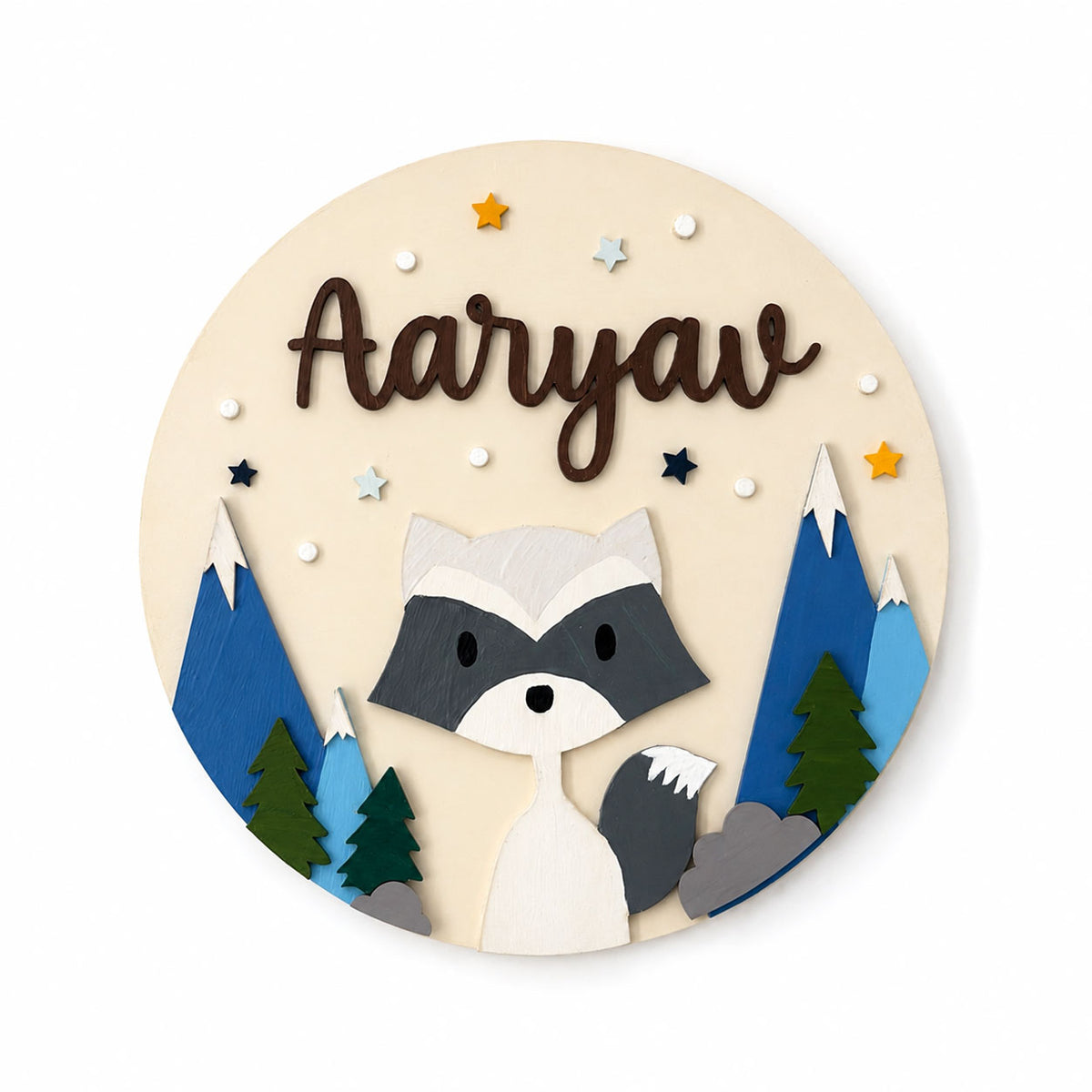 Racoon Themed Hand-Painted Wooden Round Kids Name Plate - Design 2