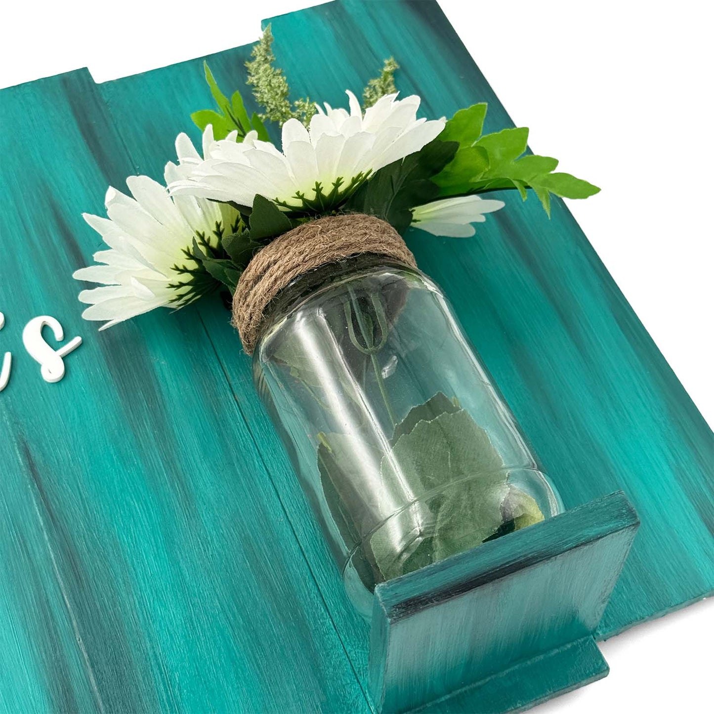 Teal Hand-Painted Wooden Name Plate With Jar For Home - Design 2
