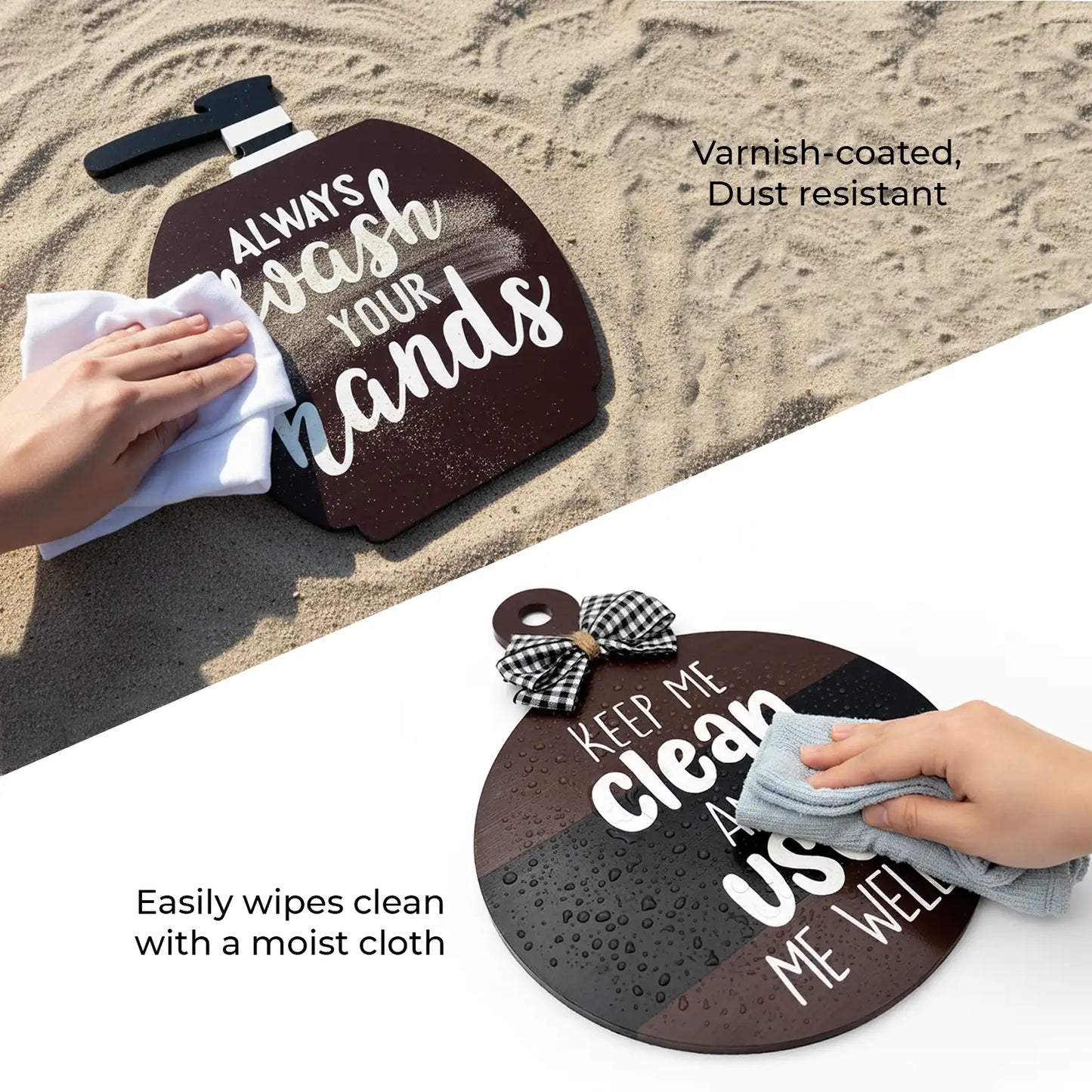 Wash Brush Floss Flush Hand-Painted Wooden Washroom Plank Hanging