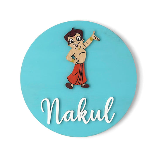 Chhota Bheem Themed Hand-Painted Wooden Name Plate For Kids