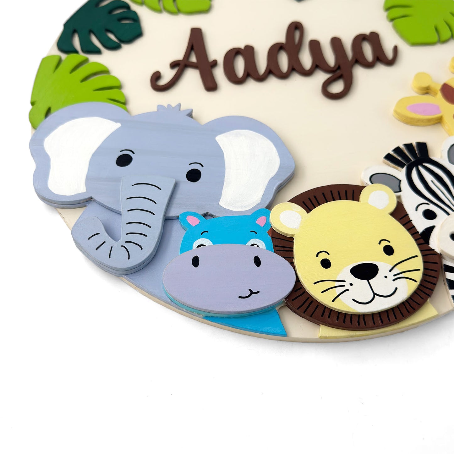 Animal Themed Hand-Painted Wooden Round Kids Name Plate - Design 6