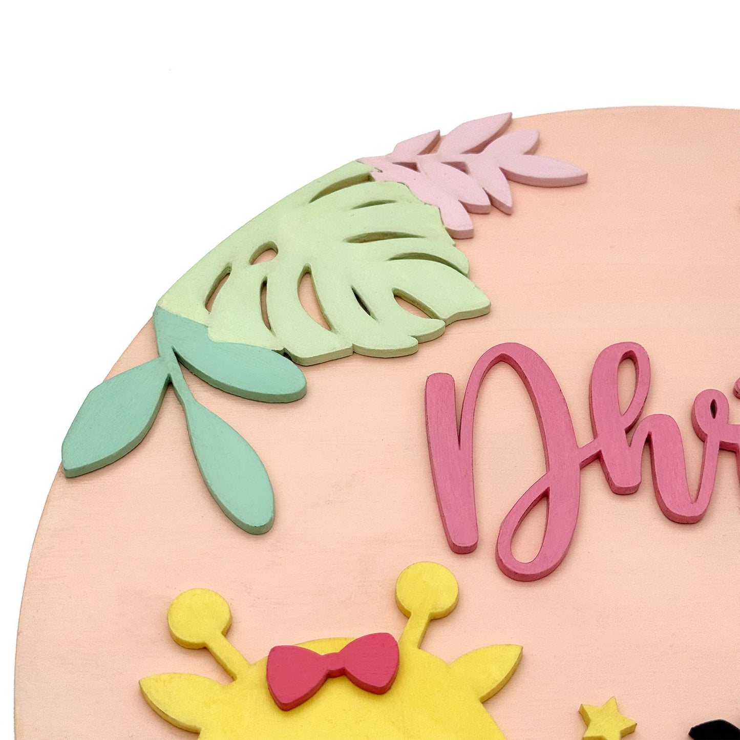 Animal Themed Hand-Painted Wooden Round Kids Name Plate - Design 1