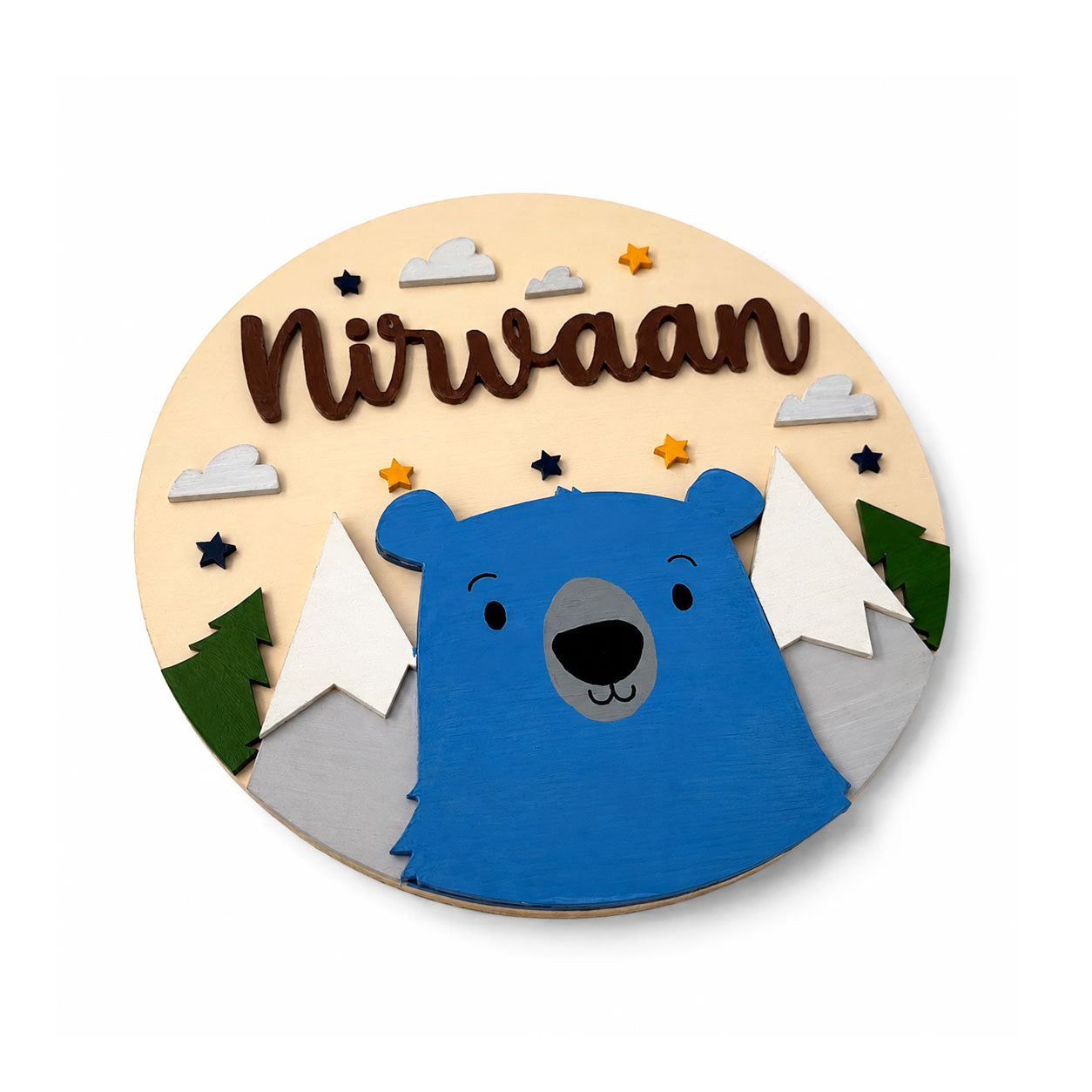 Blue Bear Themed Hand-Painted Wooden Round Kids Name Plate - Design 1