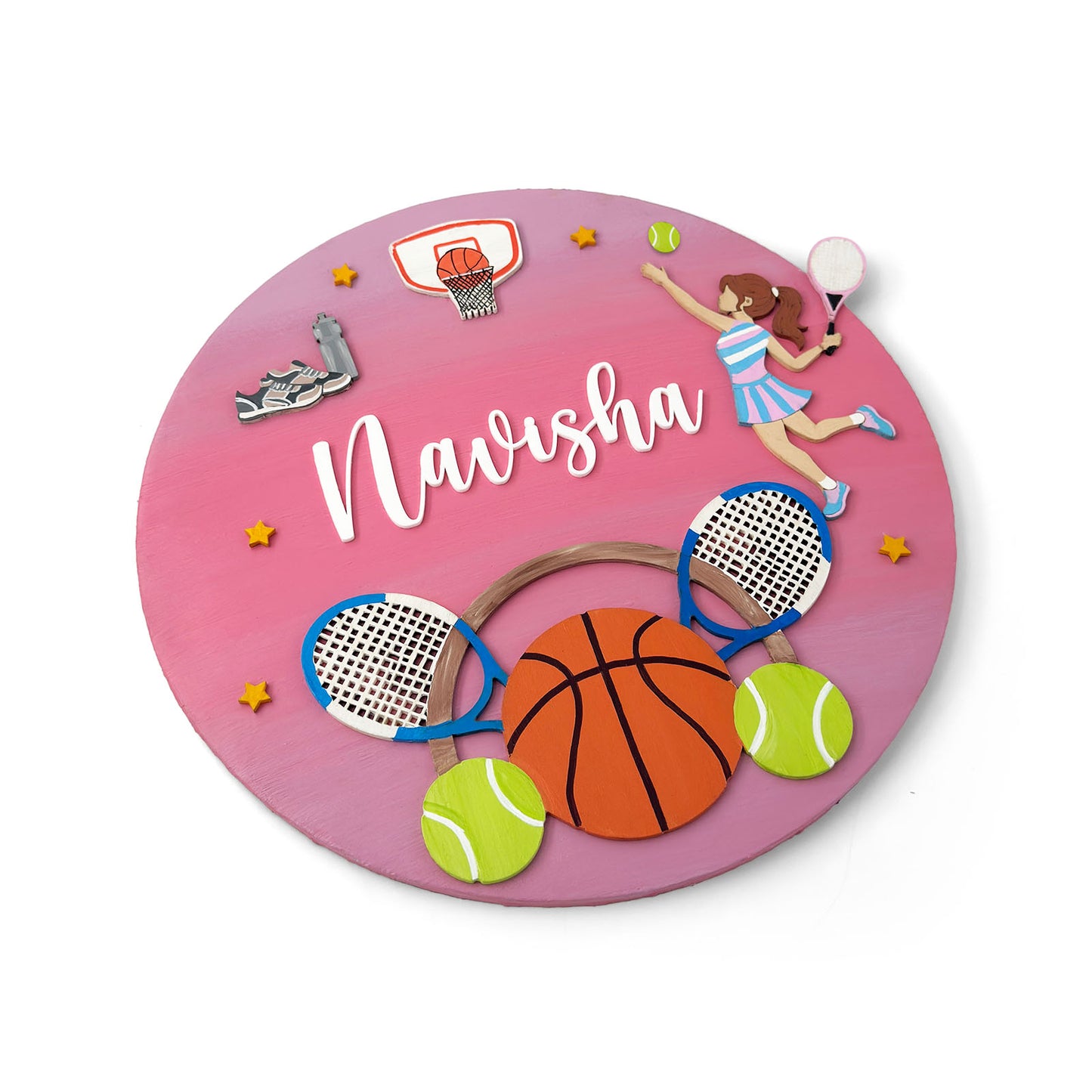 Tennis & Basketball Themed Hand-Painted Wooden Round Kids Name Plate