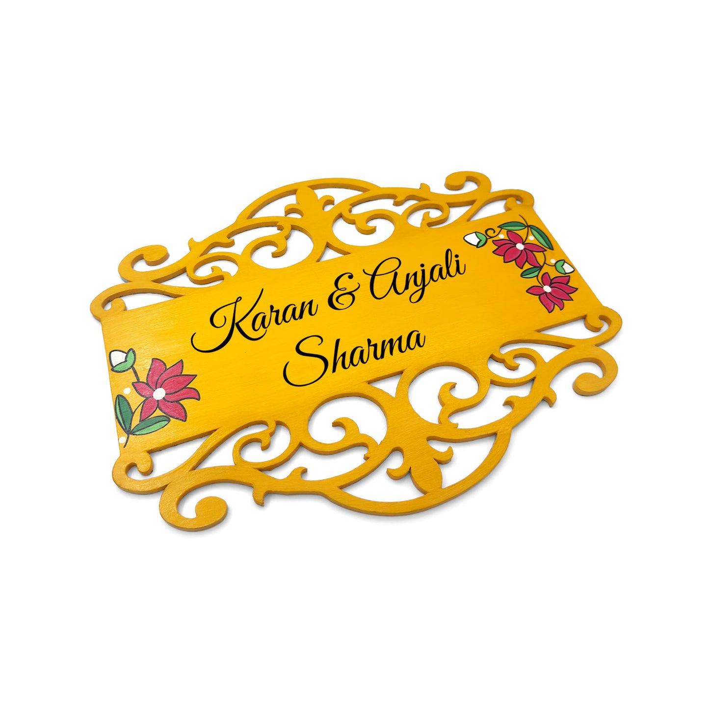 Lotus Artwork Hand-Painted Wooden Madhubani Name Plate For Home