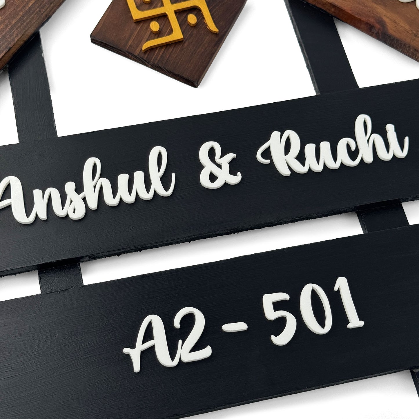House With Roof And Double Plank Hand-Painted Wooden Hut-Shaped Name Plate For Home - Black & Wooden Finish