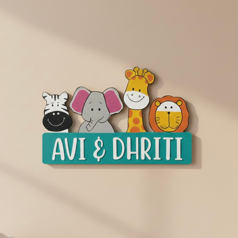 Animal Themed Hand-Painted Wooden Kids Name Plate - Teal