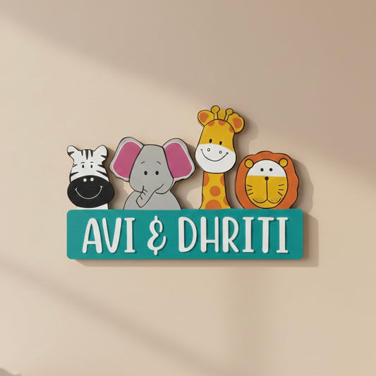 Animal Themed Hand-Painted Wooden Kids Name Plate - Teal