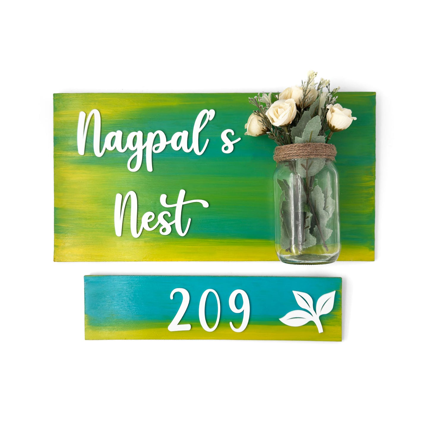 Hand-Painted Wooden Name Plate With Jar For Home - Jar Board & One Plank