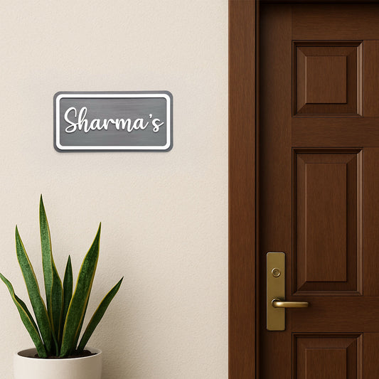 Rectangular Hand-Painted Wooden Name Plate For Home - Grey