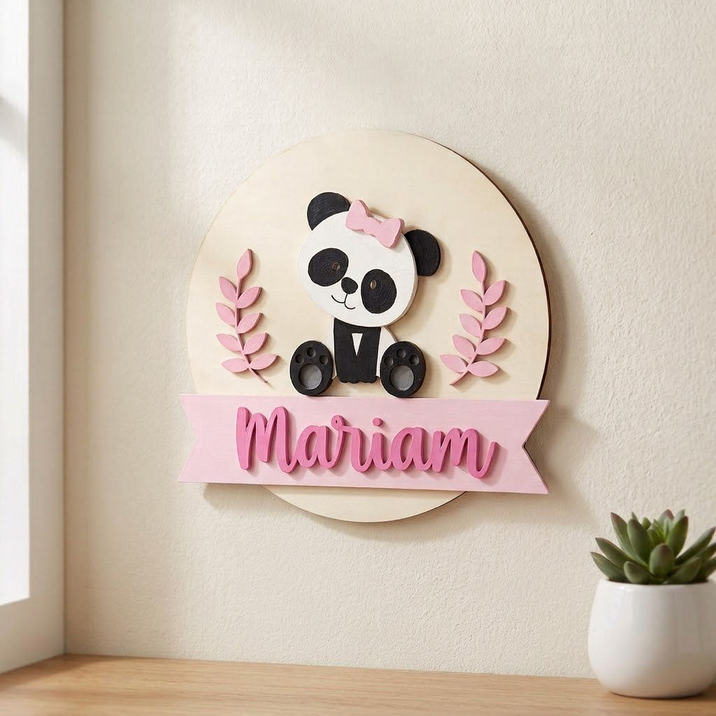 Panda Themed Hand-Painted Wooden Round Kids Name Plate - Design 1