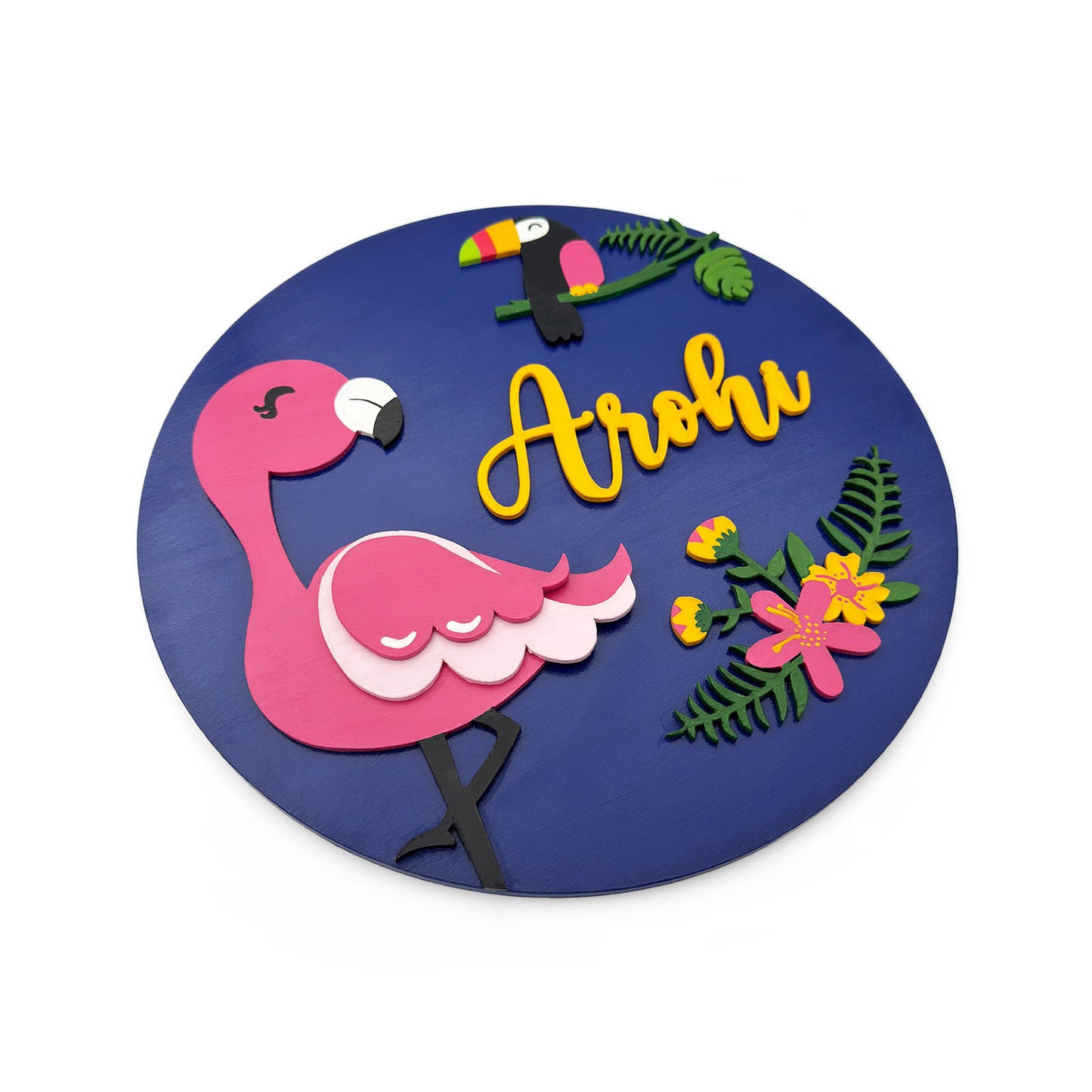 Flamingo Themed Hand-Painted Wooden Kids Name Plate