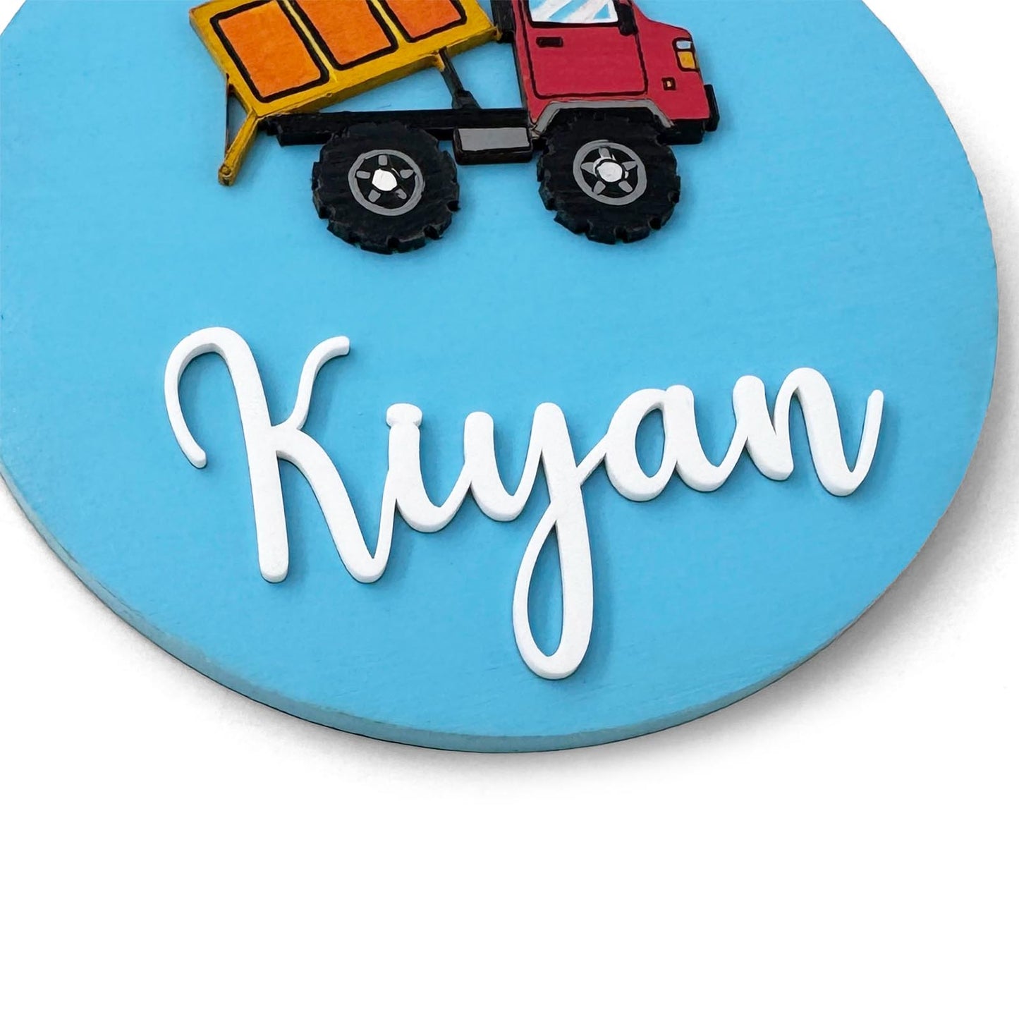 Dump Truck Themed Hand-Painted Wooden Name Plate For Kids