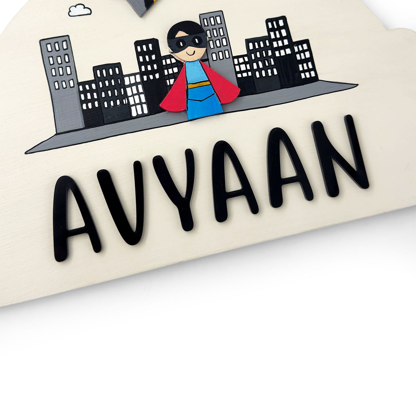 Superhero Themed Hand-Painted Wooden Arch-Shaped Kids Name Plate