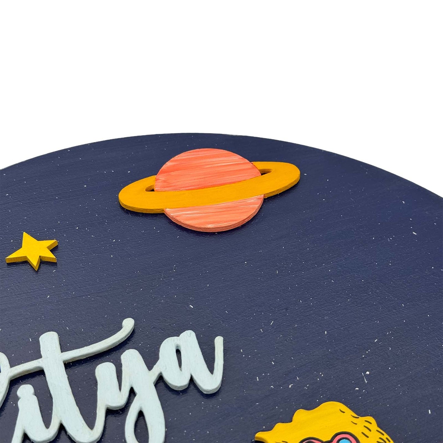 Space Themed Hand-Painted Wooden Round Kids Name Plate - Design 4