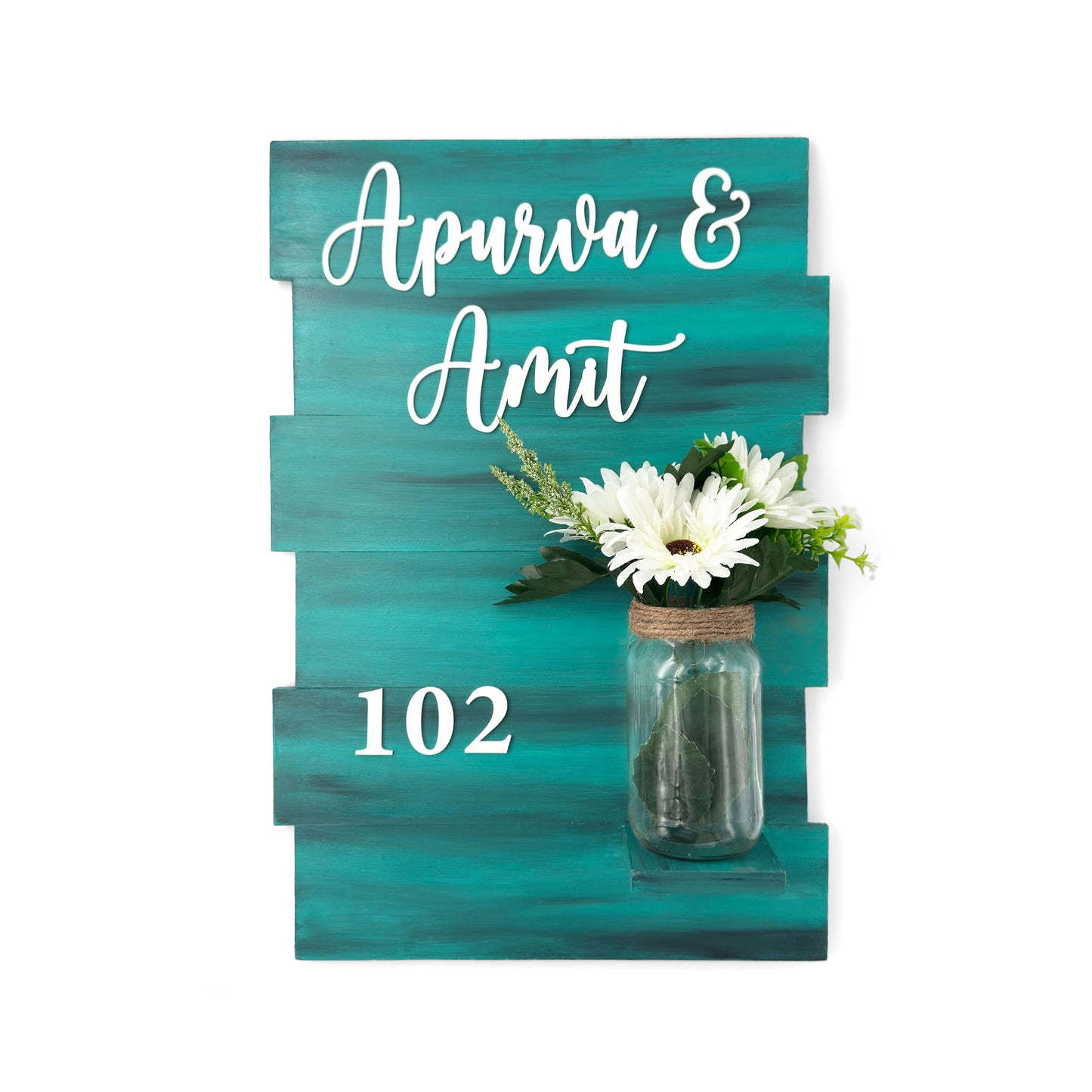 Teal Hand-Painted Wooden Name Plate With Jar For Home - Design 1