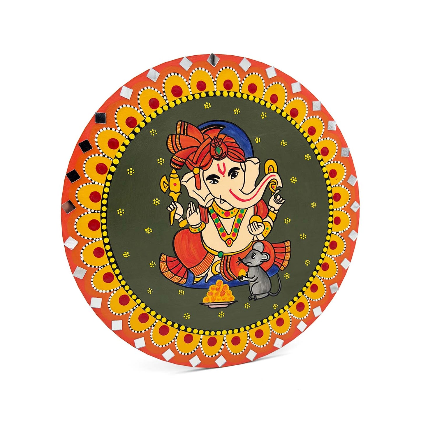 Ganesha Hand-Painted Wooden Mandala Wall Hanging - Green