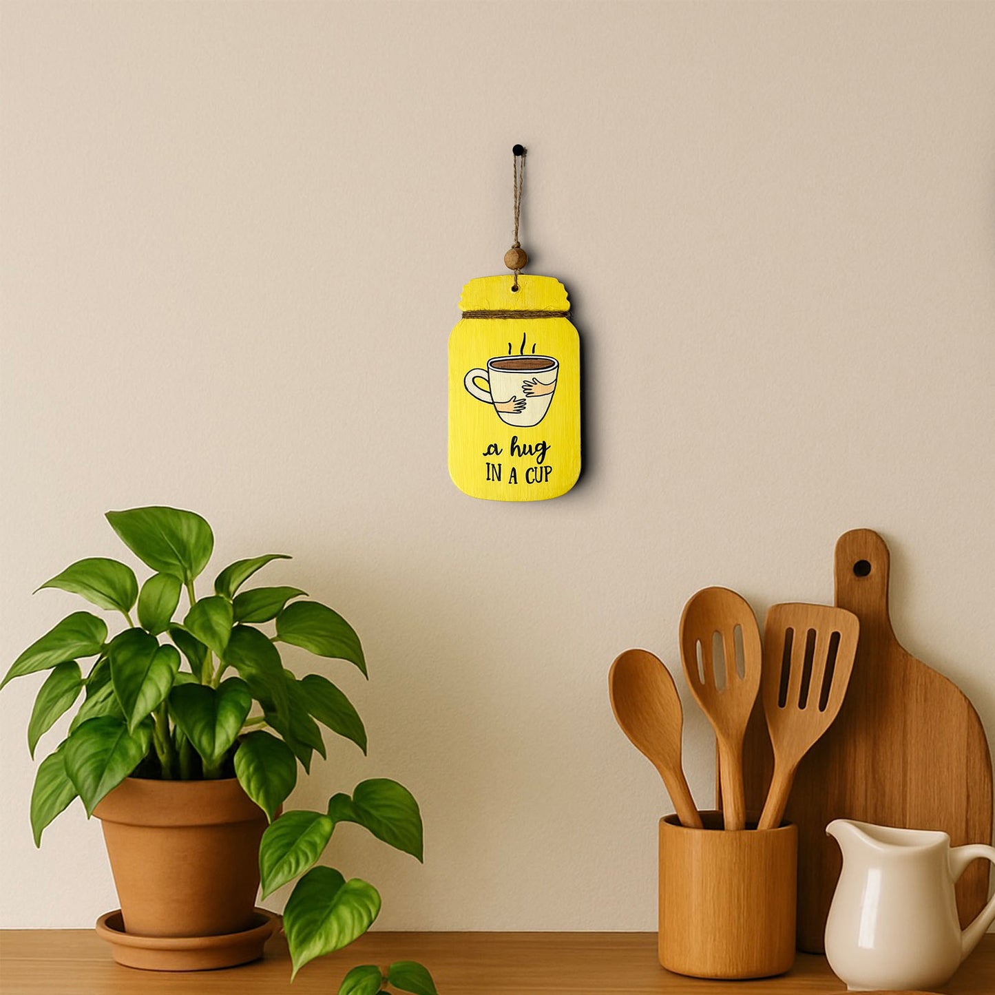 A Hug In A Cup Hand-Painted Wooden Jar Kitchen Wall Hanging - Yellow
