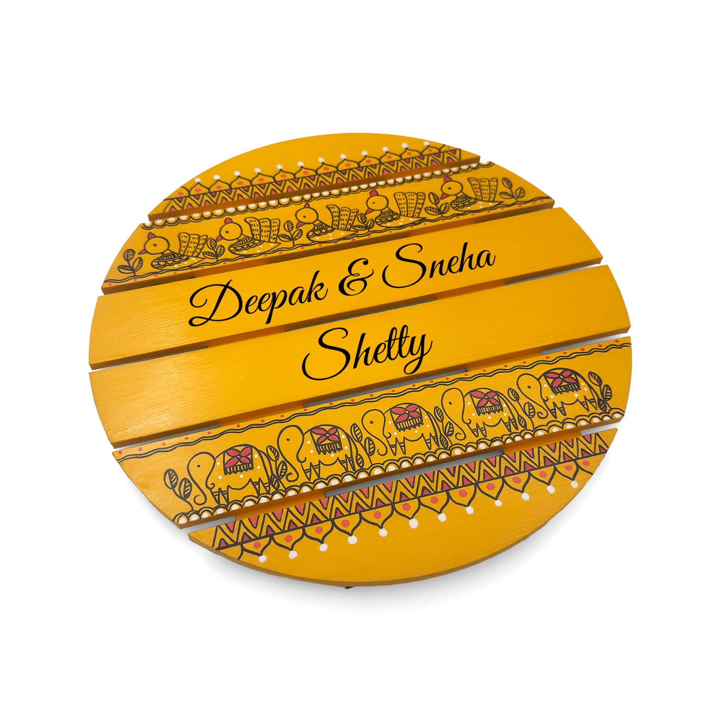 Peacock & Elephant Artwork Hand-Painted Wooden Madhubani Round Name Plate For Home