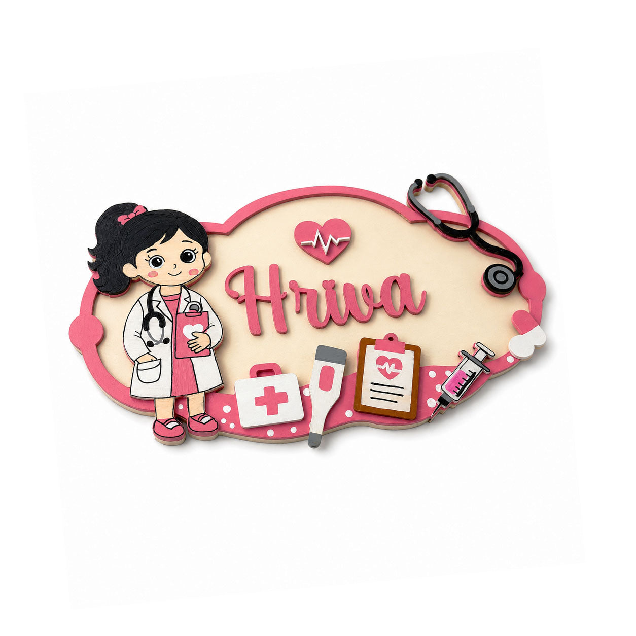 Girl Doctor Themed Hand-Painted Wooden Kids Name Plate - Design 1