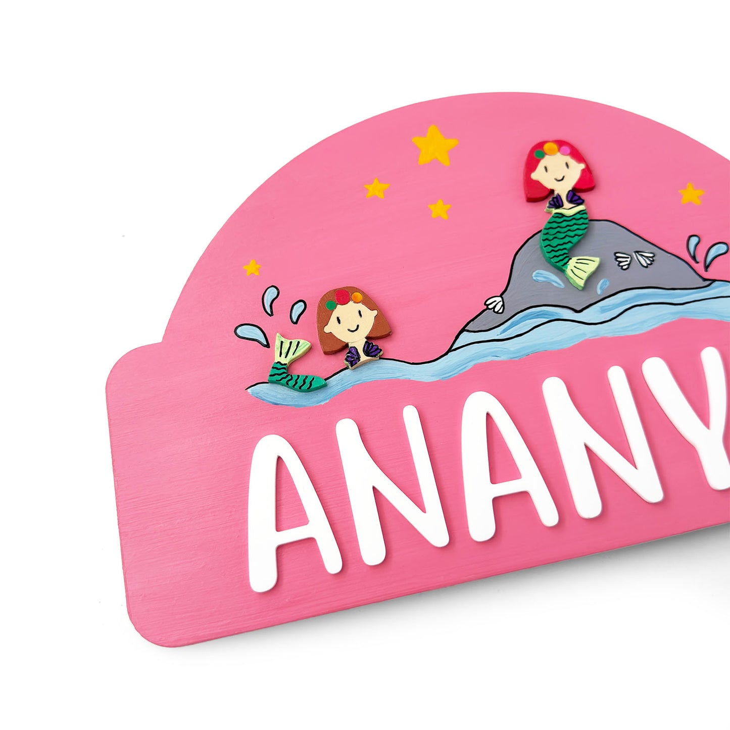Mermaid Themed Hand-Painted Wooden Arch-Shaped Kids Name Plate