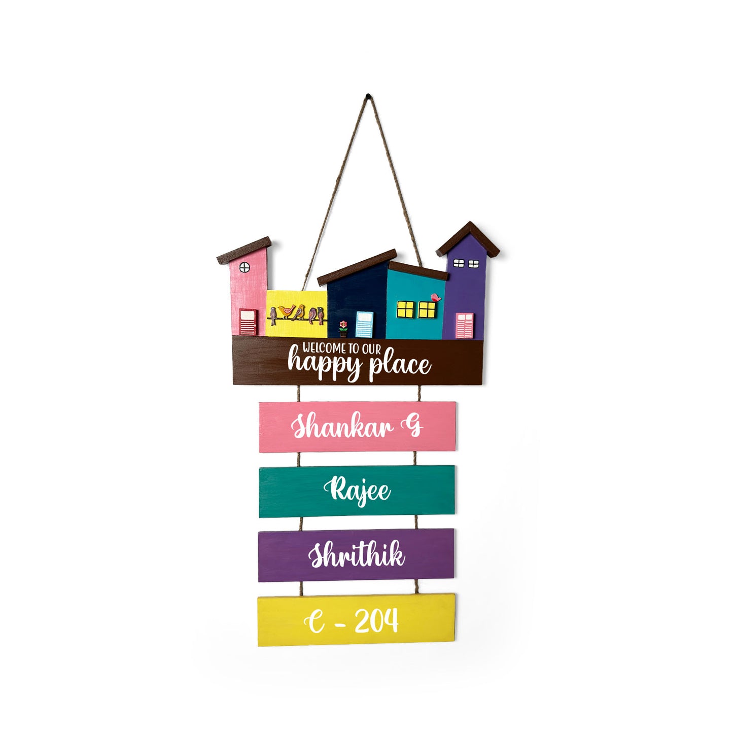 Hut-Shaped Hand-Painted Wooden Name Plate For Home - Hut Board & Four Planks Design 6