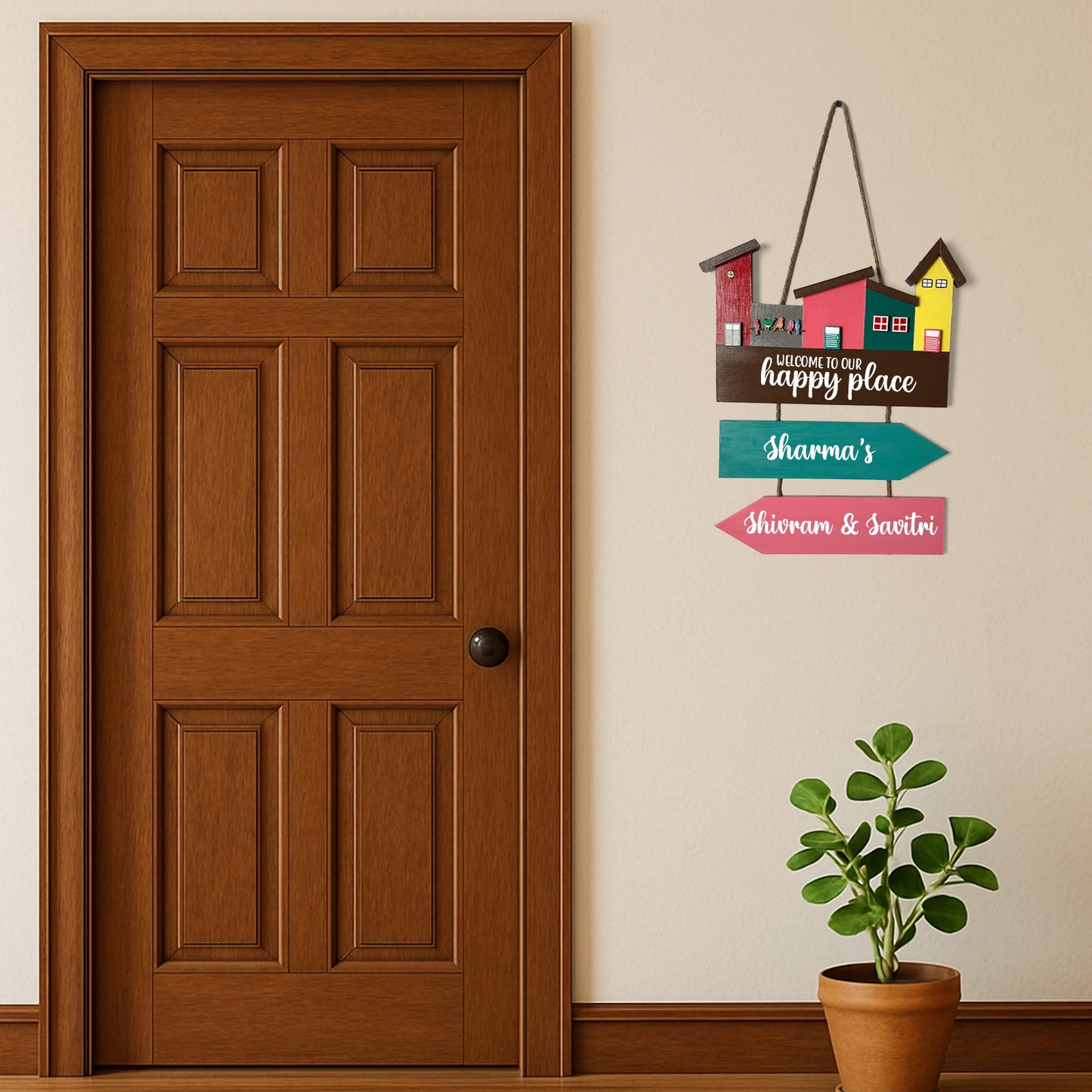 Hut-Shaped Hand-Painted Wooden Name Plate For Home - Hut Board & Two Planks Design 4