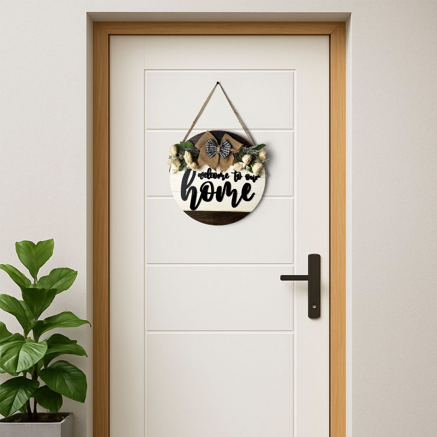 Welcome To Our Home Hand-Painted Wooden Door Hanger - White & Wooden Finish