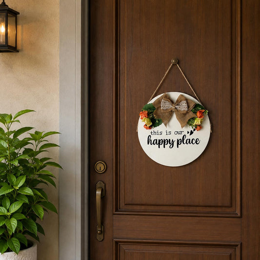 This Is Our Happy Place Hand-Painted Wooden Door Hanger - White