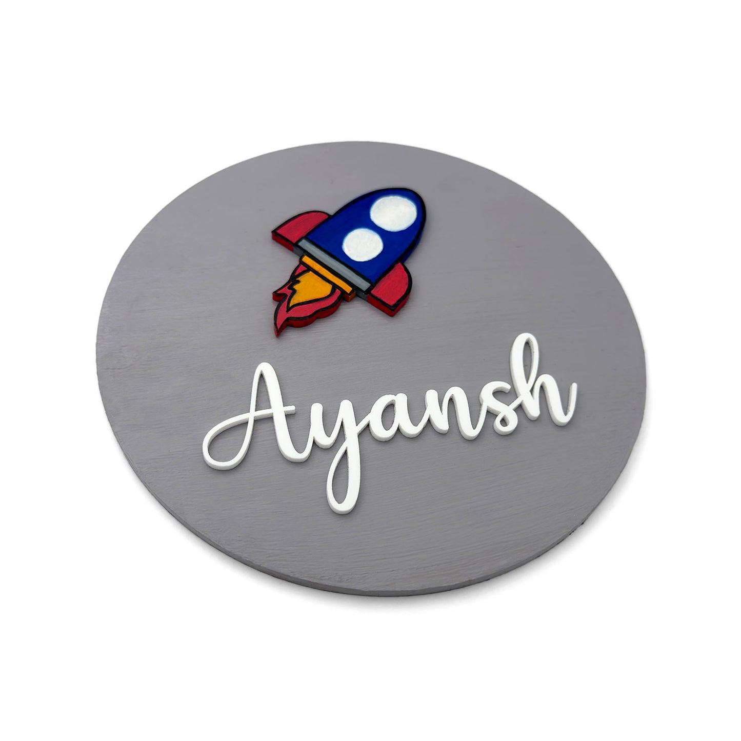 Rocket Themed Hand-Painted Wooden Mini Kids Name Plate