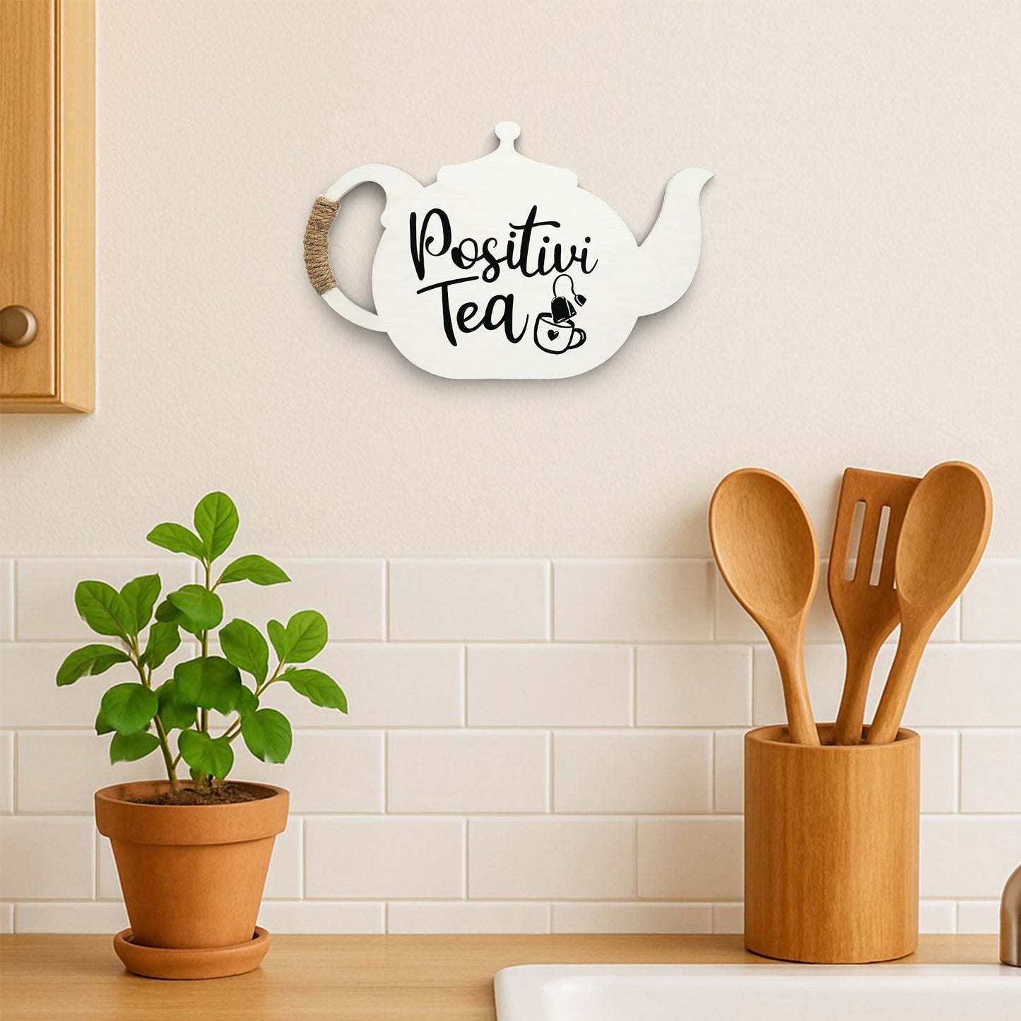 Positivi-Tea Hand-Painted Wooden Kettle Kitchen Wall Hanging - White