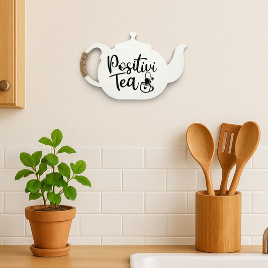 Positivi-Tea Hand-Painted Wooden Kettle Kitchen Wall Hanging - White