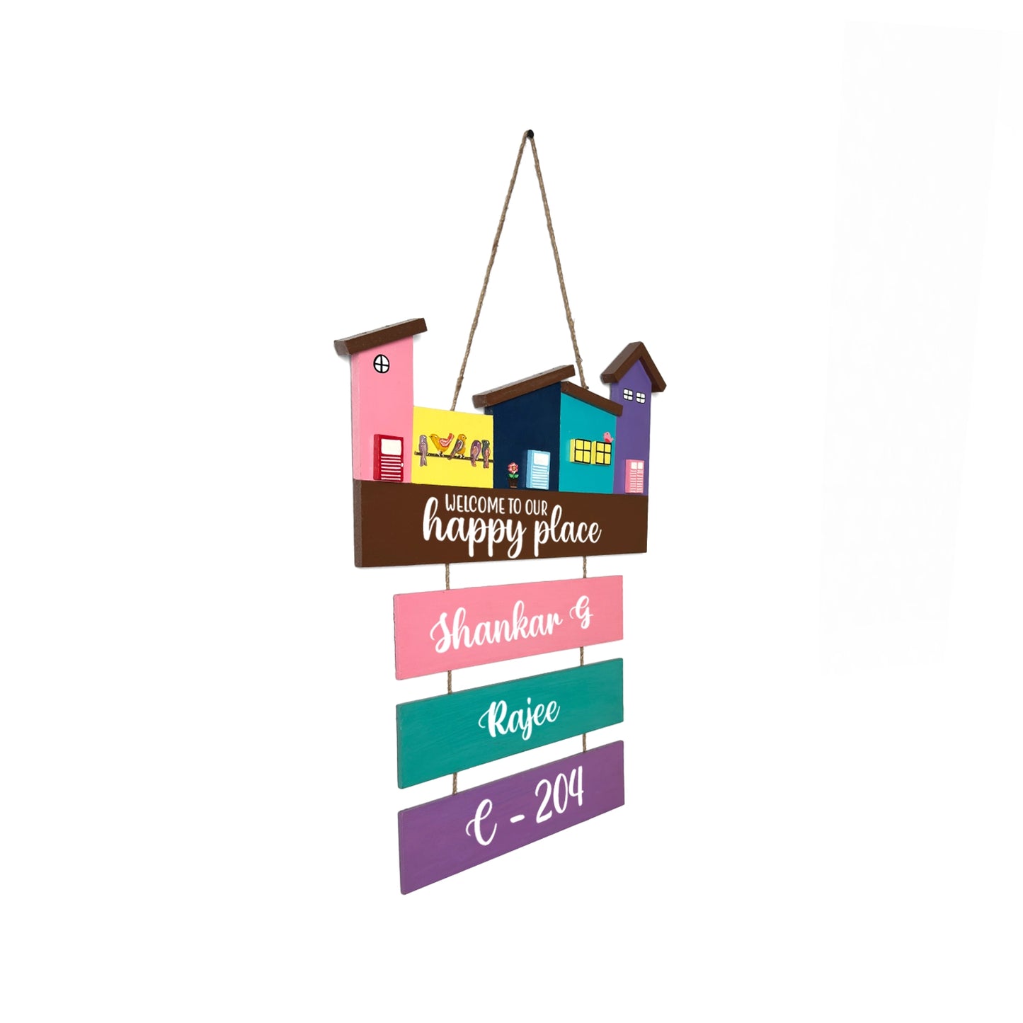Hut-Shaped Hand-Painted Wooden Name Plate For Home - Hut Board & Three Planks Design 6